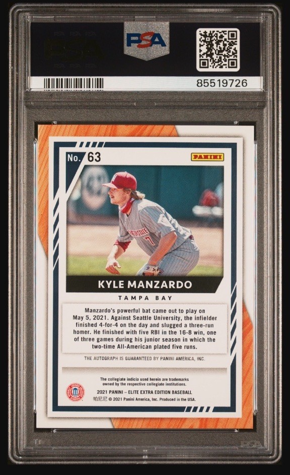 KYLE MANZARDO – 2021 Elite Extra Edition Signatures Blue Auto 1 OF 4 PSA 10’s