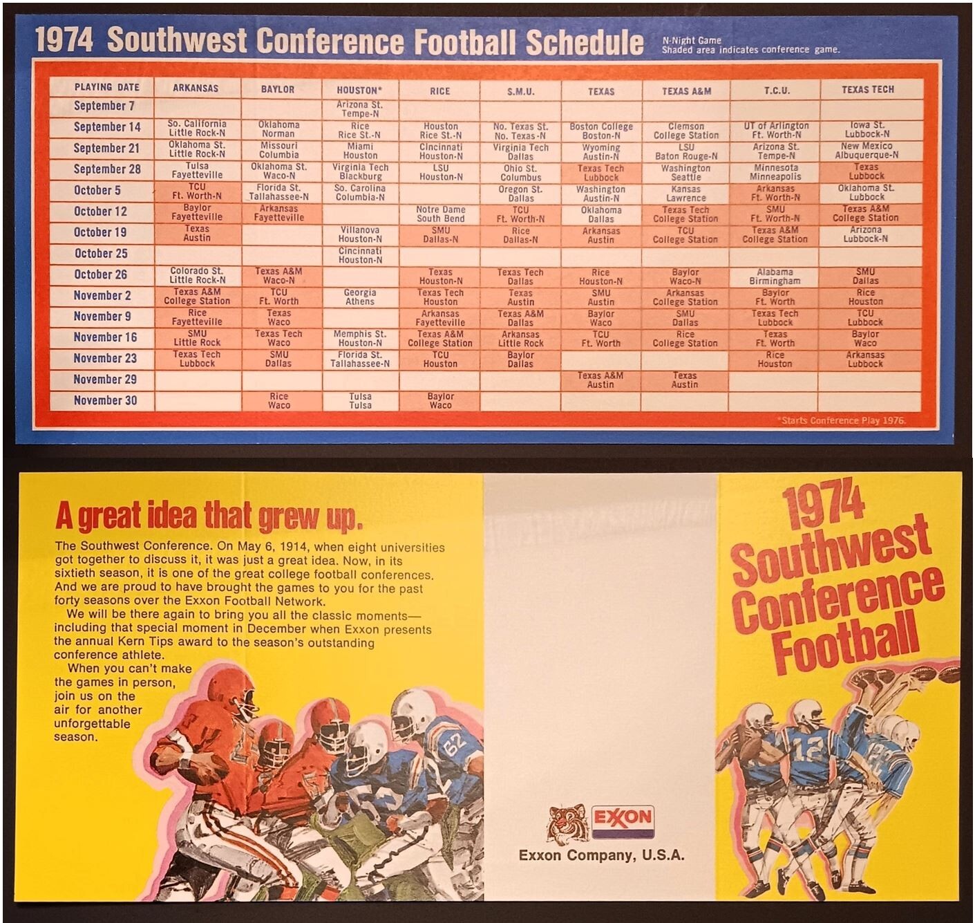 1974 SOUTHWEST CONFERENCE FOOTBALL SCHEDULE-BRAND NEW OLD STOCK/NO FOLDS-MINT!