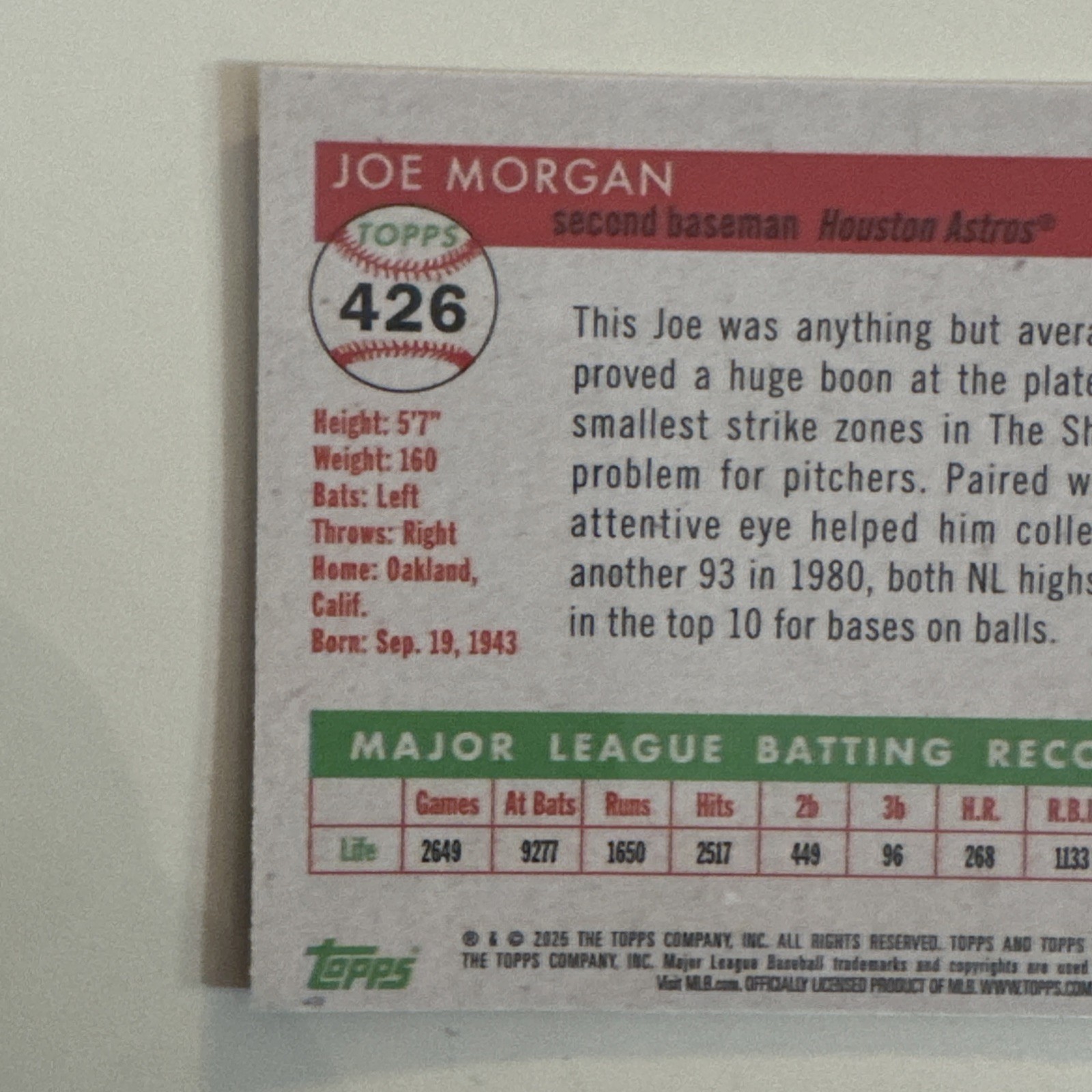 Topps 2025 Chrome Joe Morgan #426 Houston Astros seriel numbered 036/100