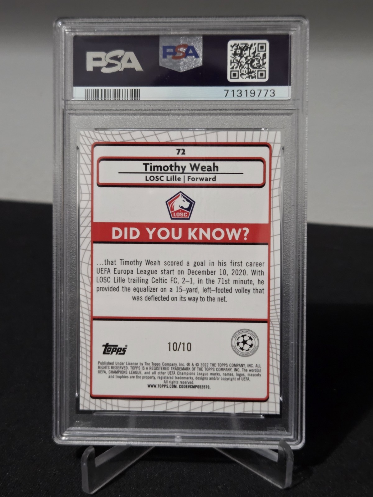 2021-22 Topps Merlin Chrome Timothy Weah #72 Red Refractor 10/10 PSA 10 USMNT