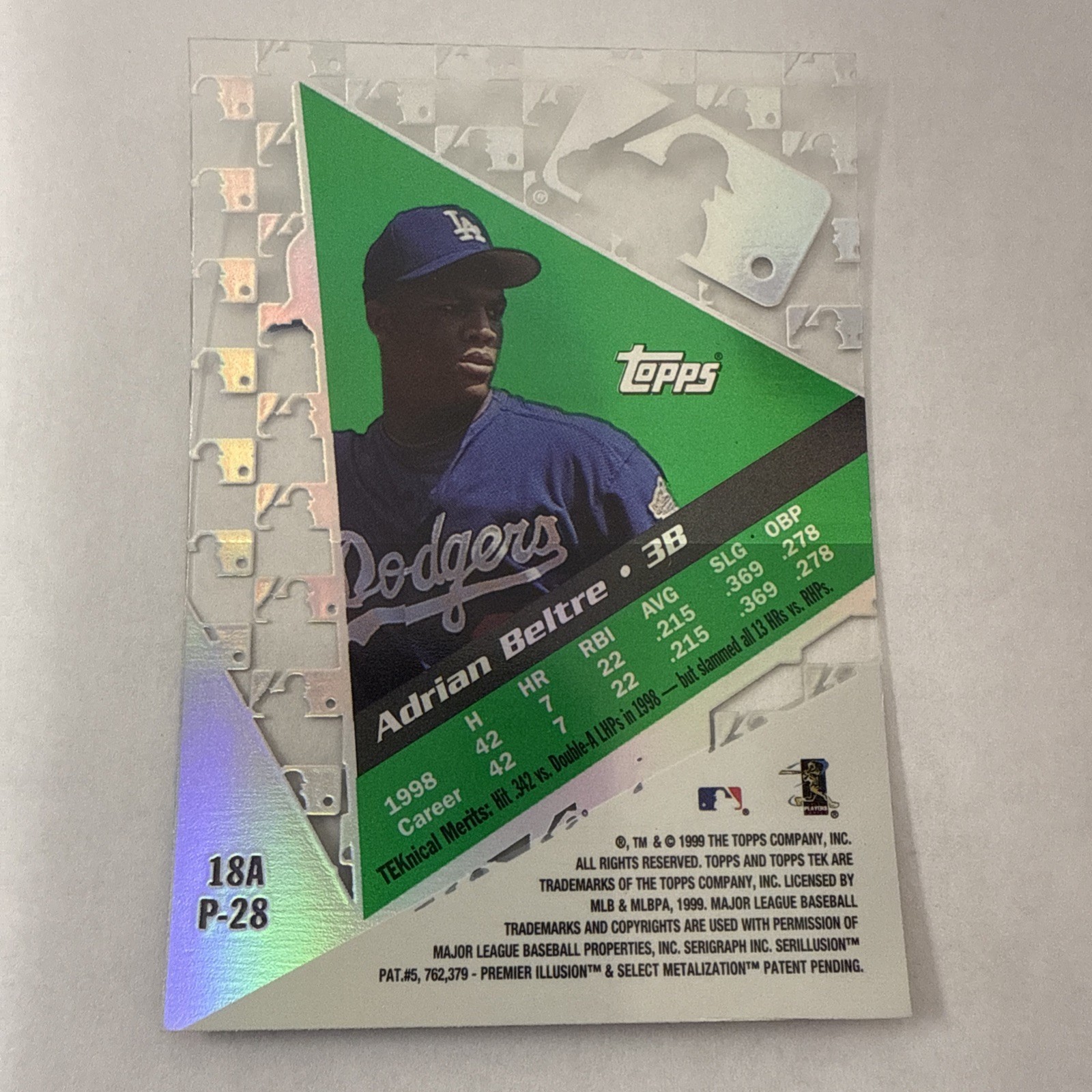 1999 Topps Tek Baseball Adrian Beltre Card # 18A P-28