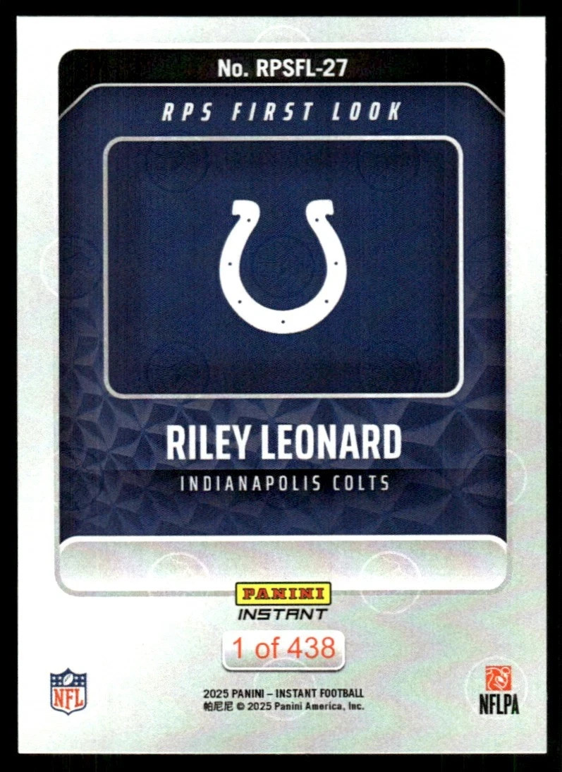 2025 Panini Instant Riley Leonard ROOKIE RPS FIRST LOOK 1/438 SP Colts #27 RC 🔥