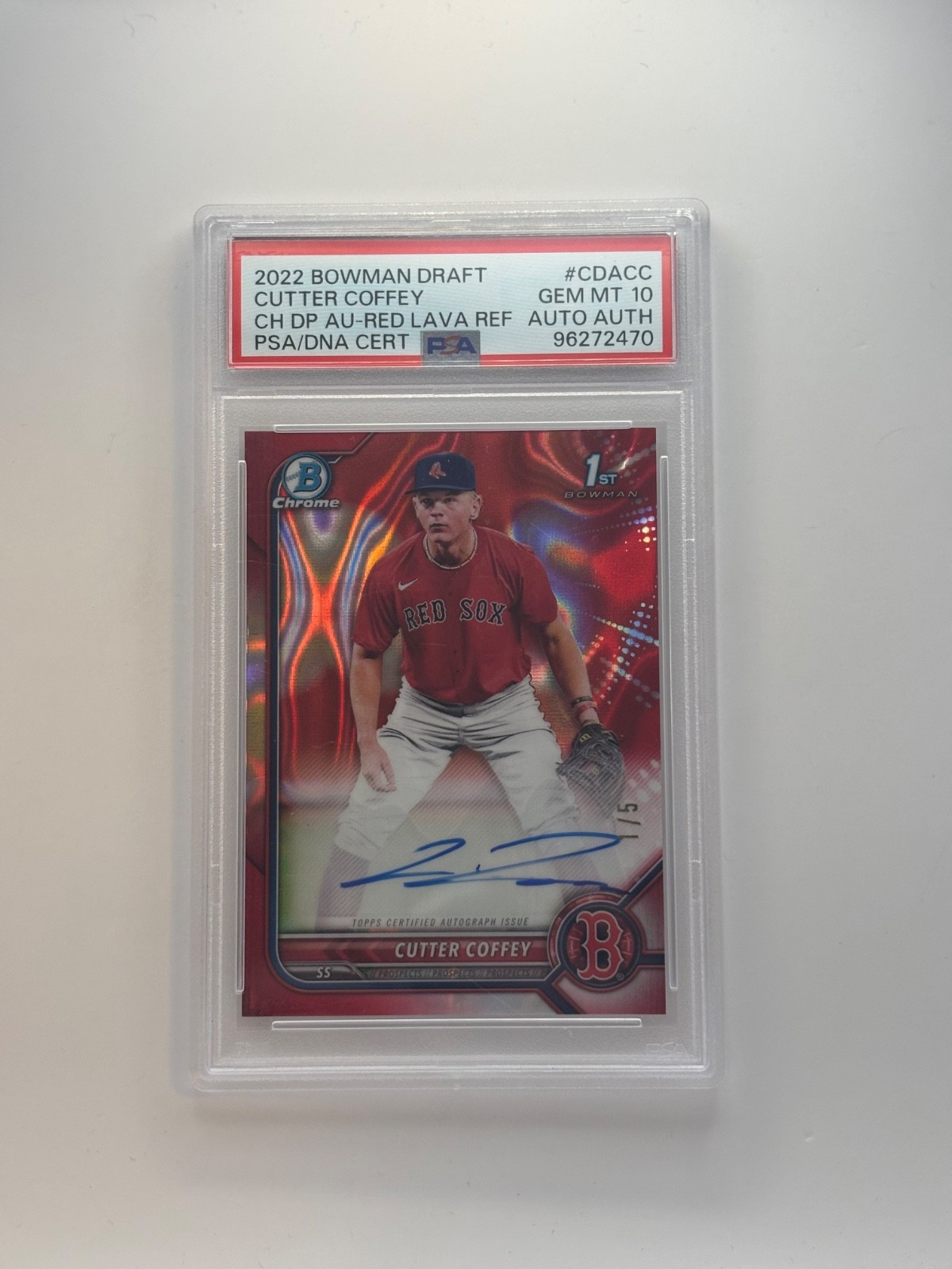 2022 Bowman Draft Chrome Cutter Coffey 1st Bowman Red Lava Auto /5 PSA 10