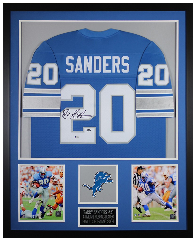 Barry Sanders Autographed and Framed Blue Lions Jersey Auto Beckett COA