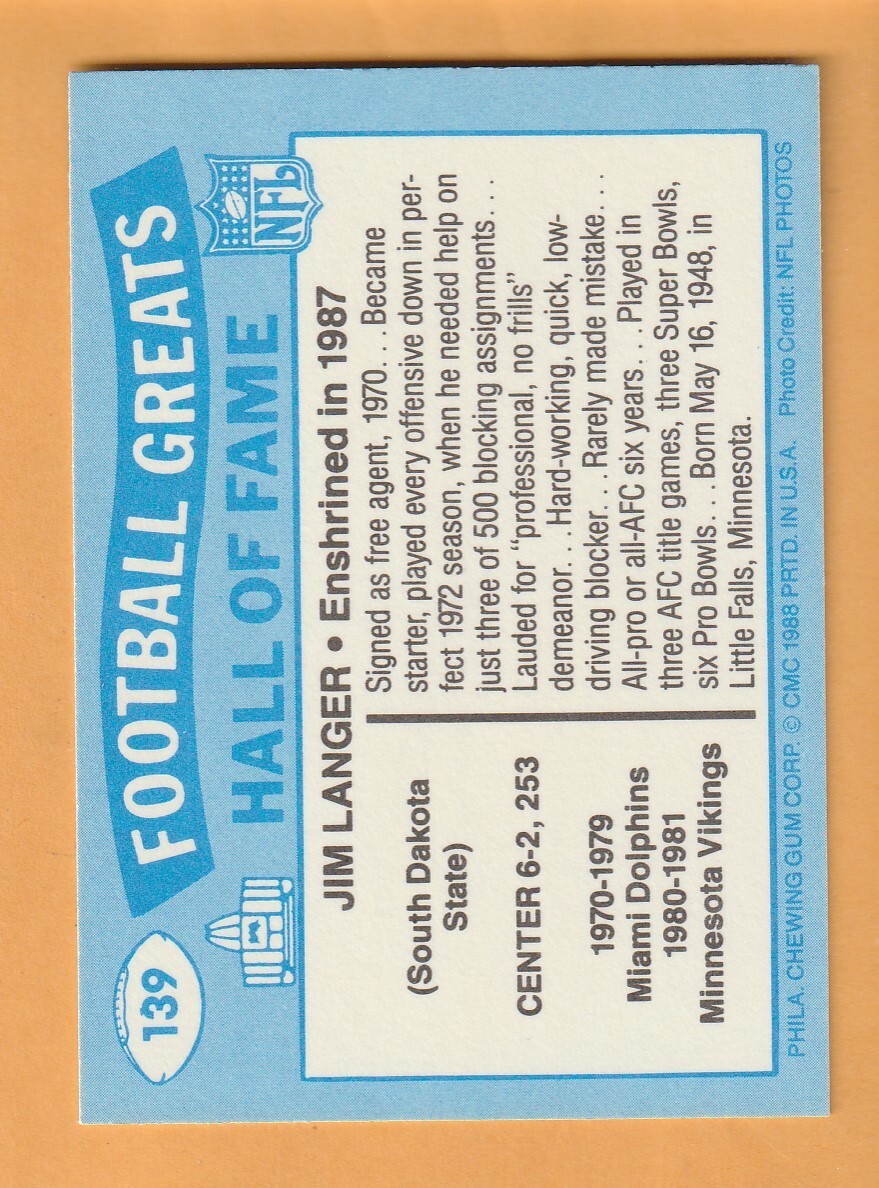 Jim Langer Miami Dolphins 1988 Swell Greats #139 South Dakota State 10U