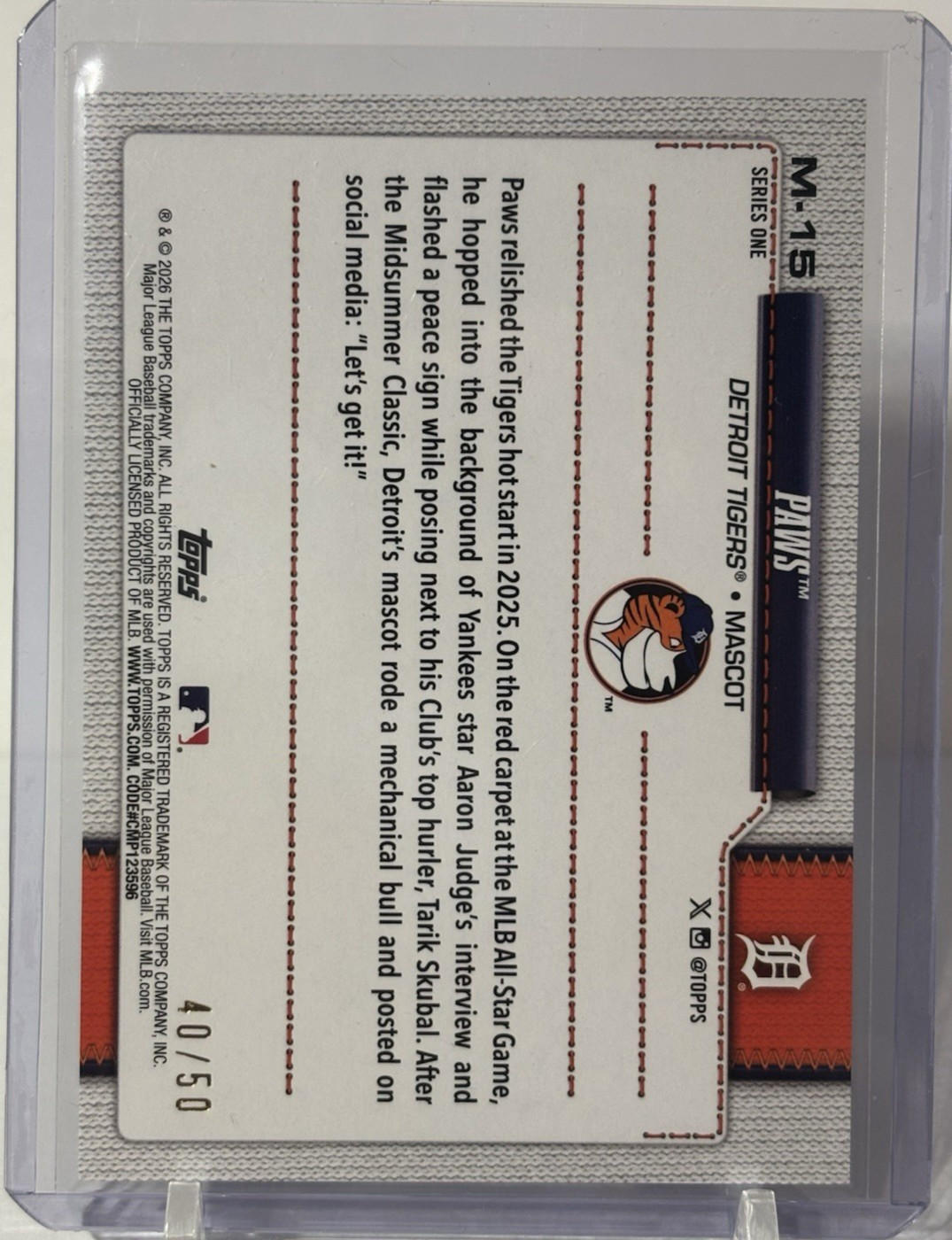 2026 Topps Series 1 Celebration PAWS Mascot Gold SSP #/50 #M-15 Tigers 40/50