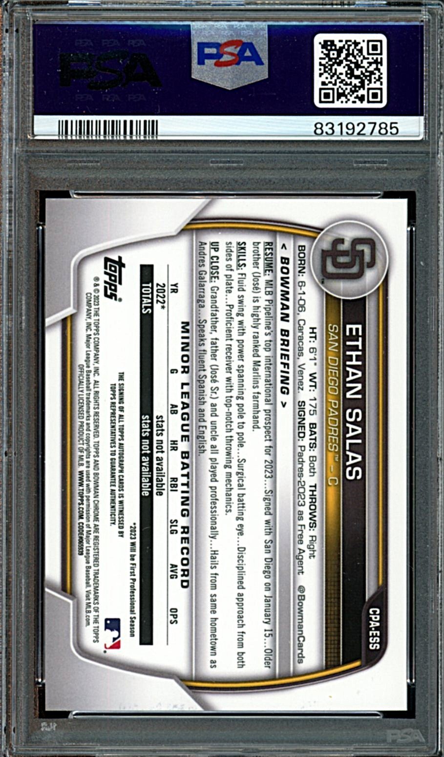 2023 Bowman Chrome Ethan Salas Speckle Refractor Auto #276/299 PSA 10