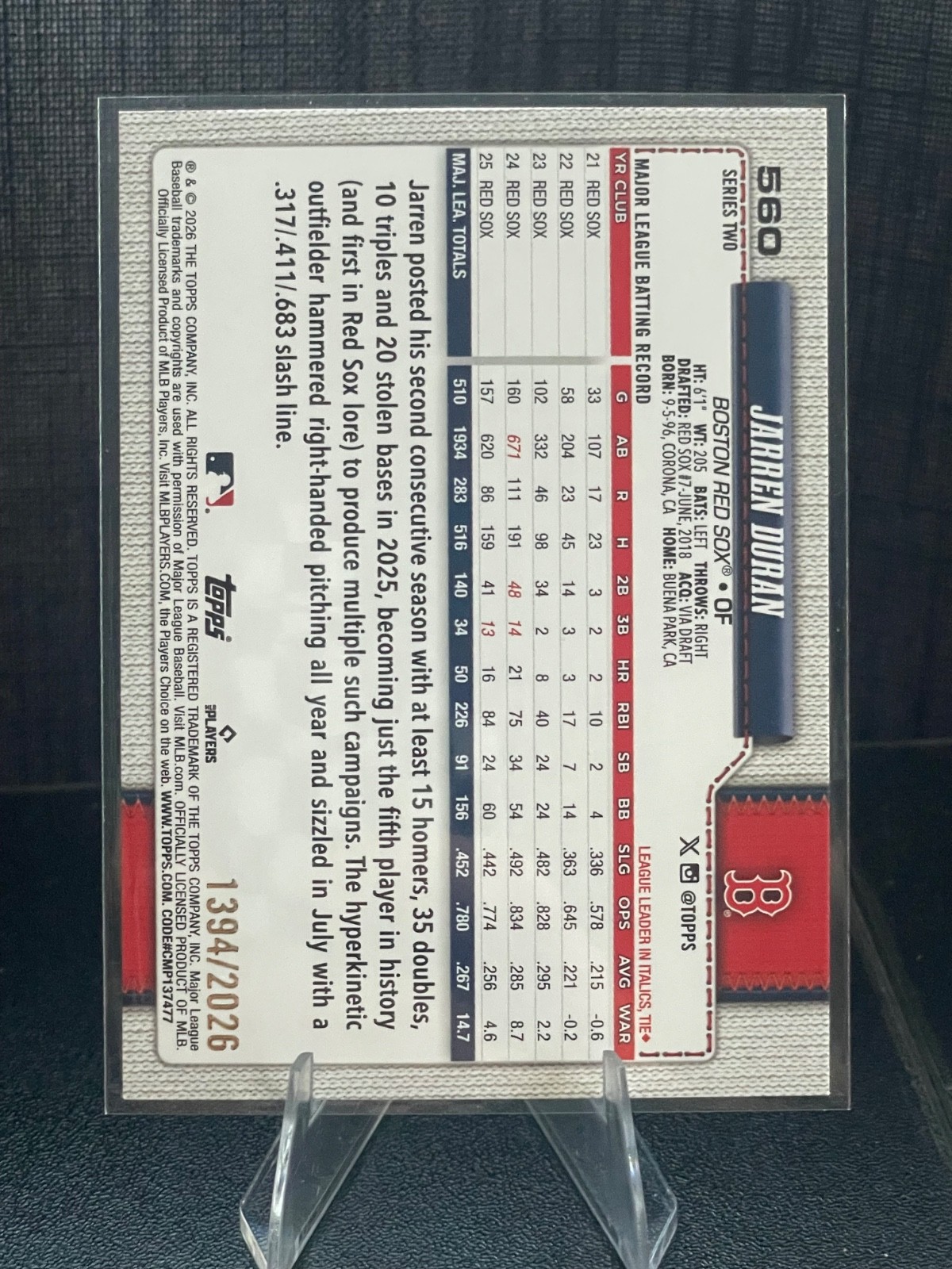 Jarren Duran 🔥Gold Numbered/2026 🔥Parallel Topps 2026 Series 2