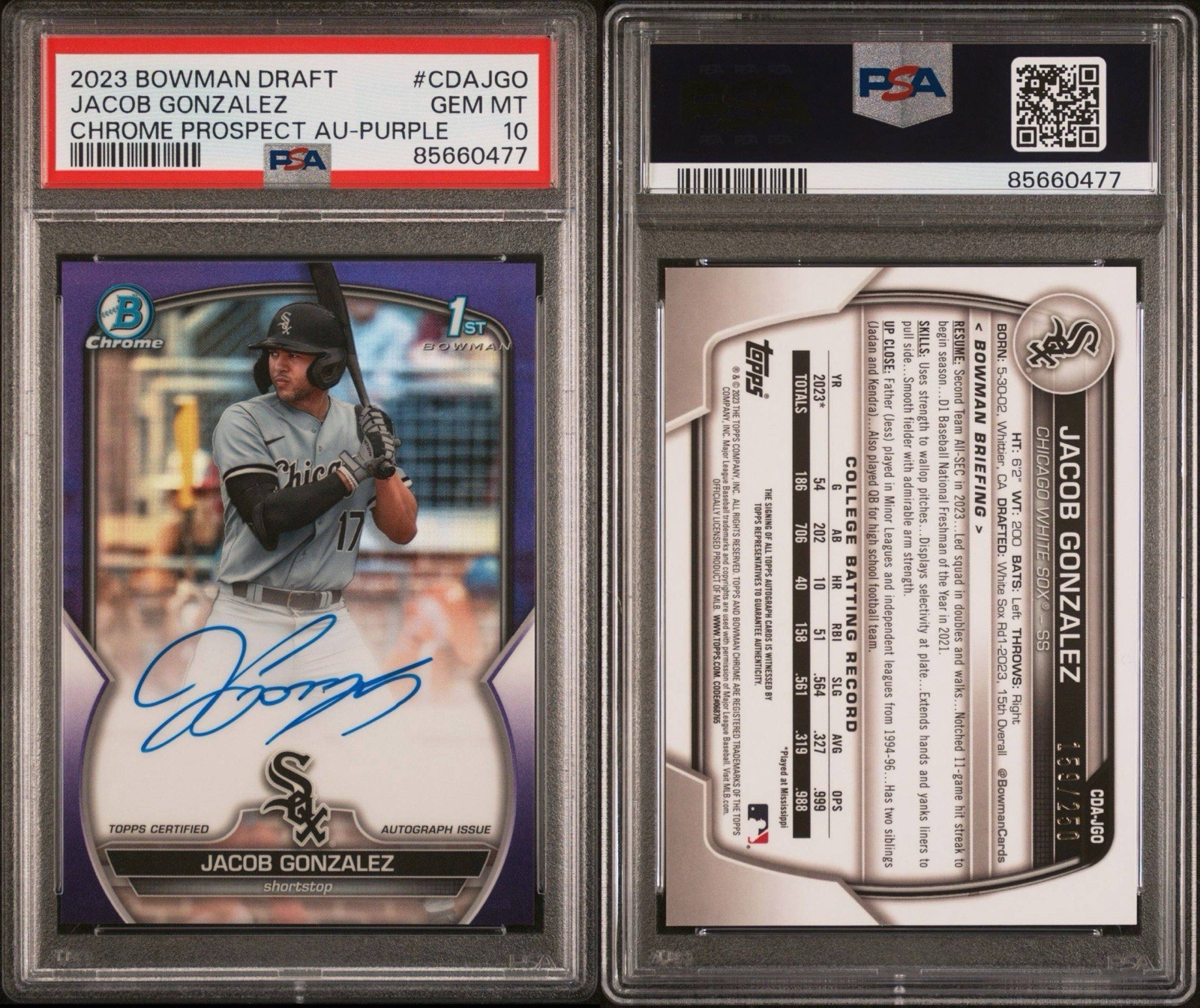2023 Bowman Draft Jacob Gonzalez Purple Refractor Auto */250 PSA 10