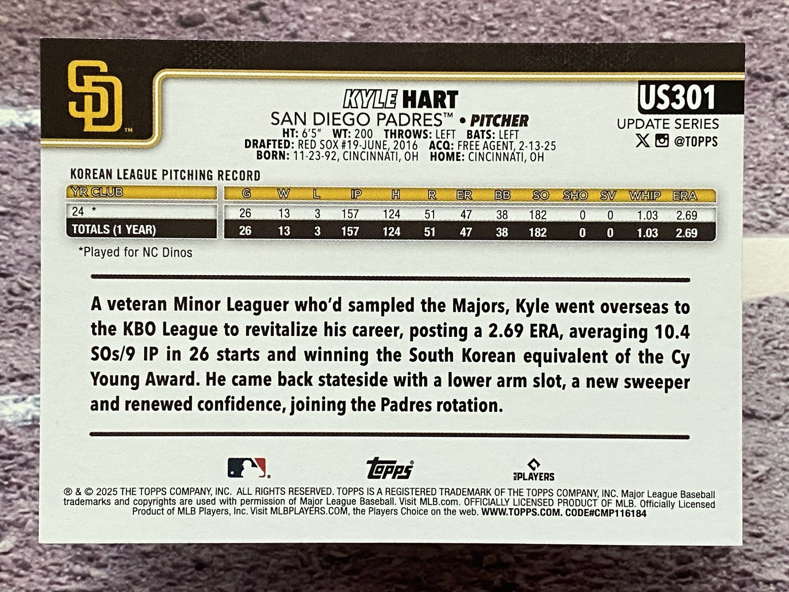 Kyle Hart 2025 Topps Update San Diego Padres #US301 RC