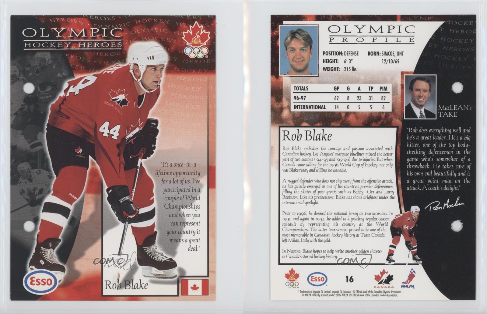 1997-98 Esso Olympic Hockey Heroes Rob Blake #16 HOF 0f8