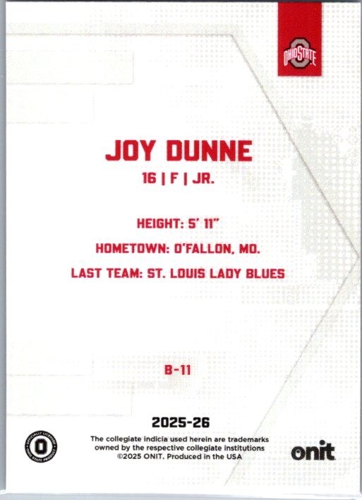 2025-26 ONIT NIL Ohio State Women’s Hockey #B-11 Joy Dunne Red Parallel 22/25