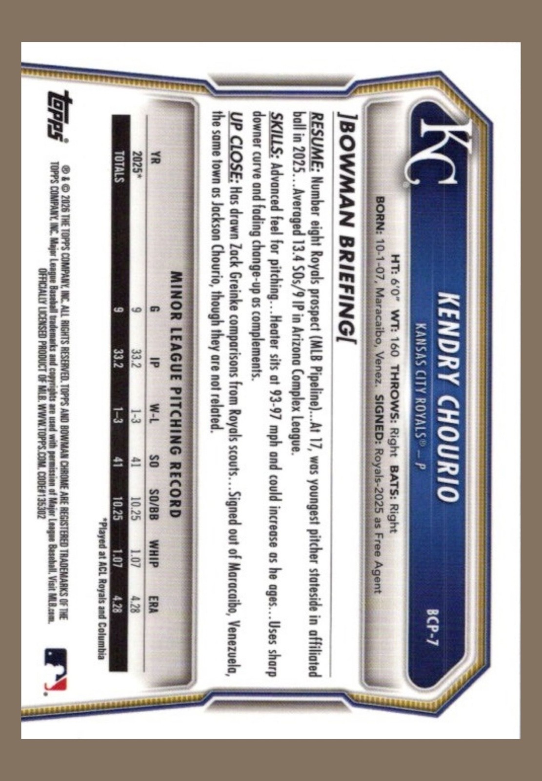 2026 Topps Bowman Chrome #BCP-7 Kendry Chourio 227/250 1st Bowman Purple Lava