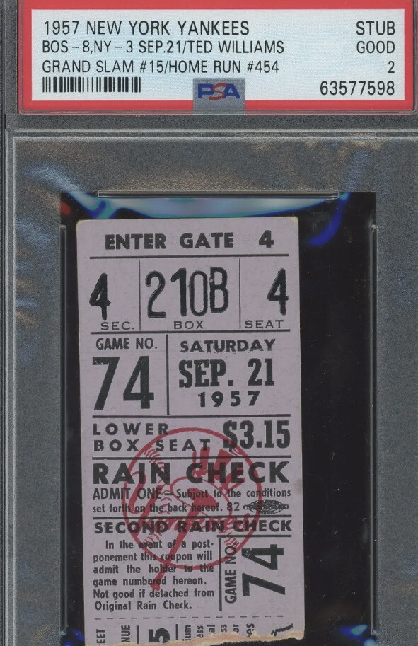 1957 Ticket Ted Williams 4 HR In 4 AB/On Base 16 X Row/GS HR #15/36 YR #454 HR⚾️
