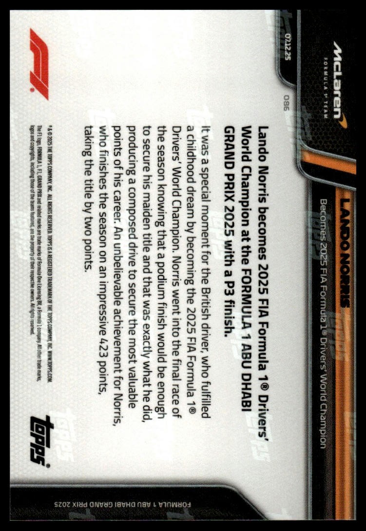 2025 Topps NOW Lando Norris F1 World Champion McLaren #86