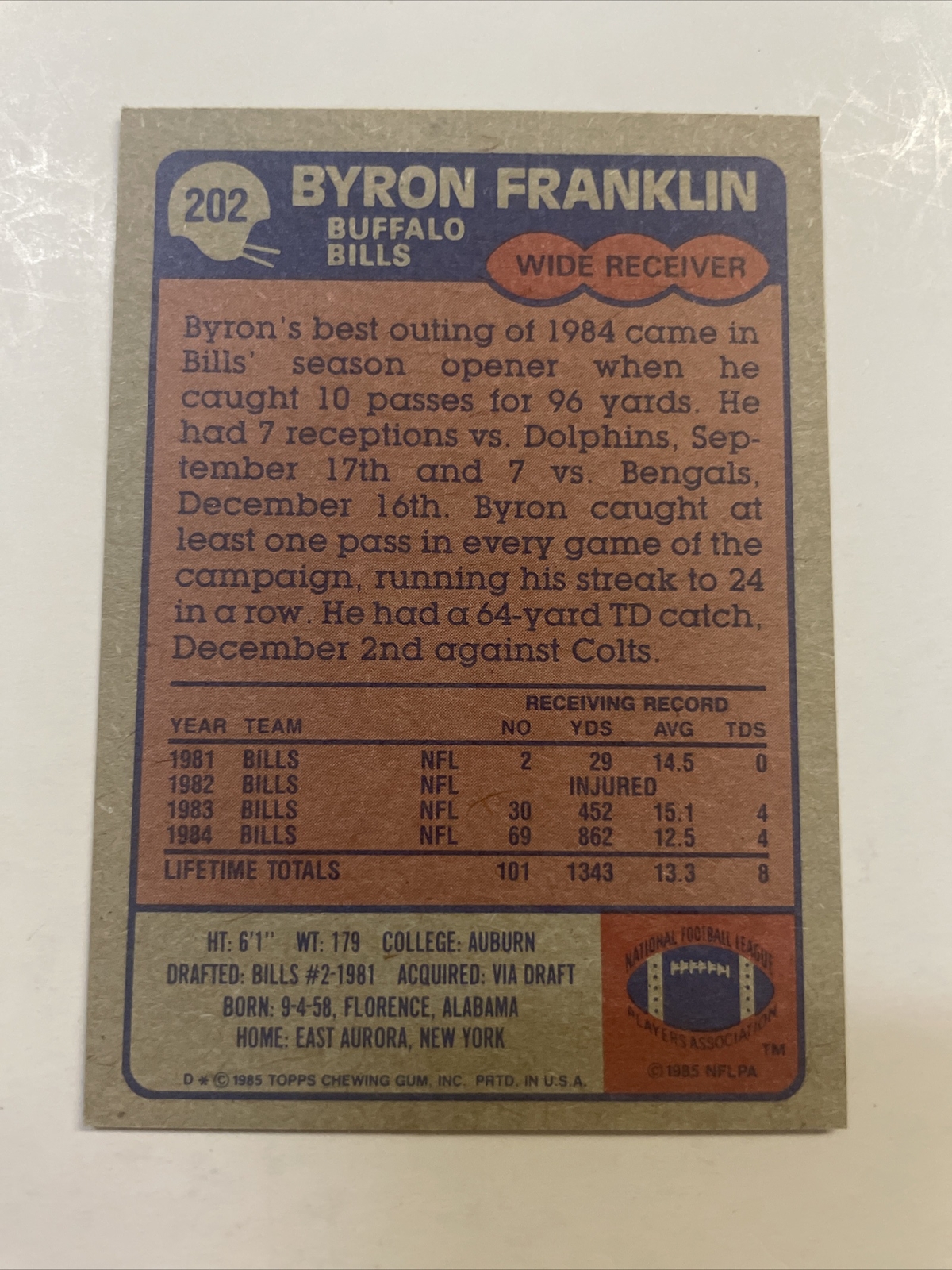 1985 Topps Byron Franklin Autographed Card #202 Buffalo Bills A-57