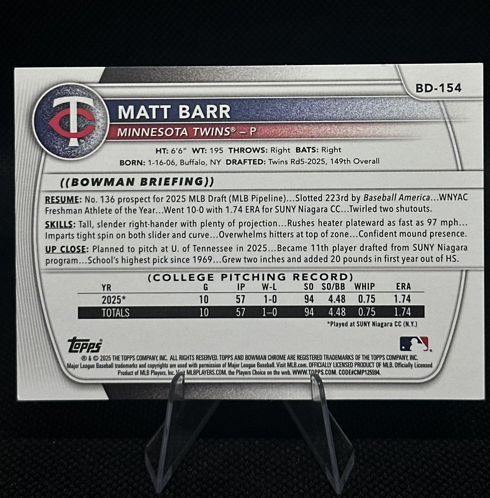 Topps 2025 Bowman Draft Matt Barr Minnesota Twins #BD-154 Blue /150 1st RC