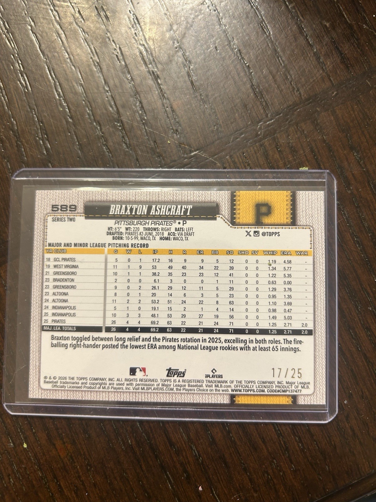2026 Topps Series 2 Braxton Ashcraft #589 Diamante Orange Foil /25 Pirates SSP