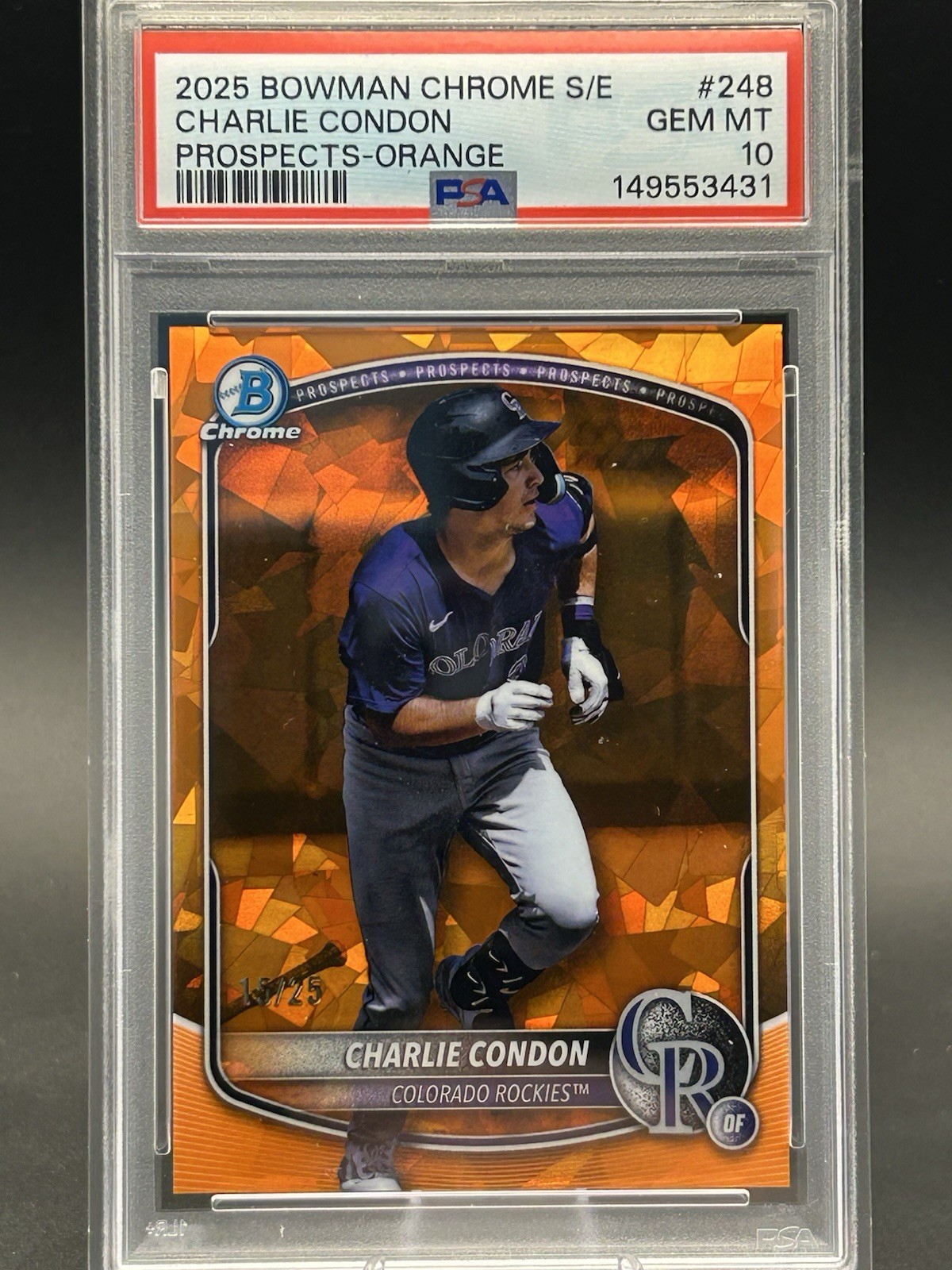 2025 Bowman Chrome Sapphire Charlie Condon Prospects Orange Refr /25 PSA 10 B931