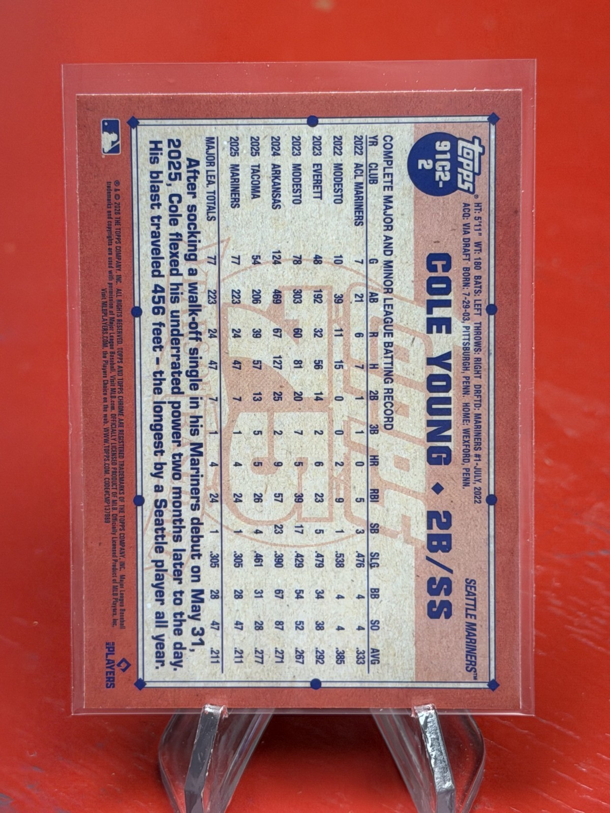 COLE YOUNG 2026 TOPPS SERIES 2 MOJO REFRACTOR MARINERS ROOKIE RC