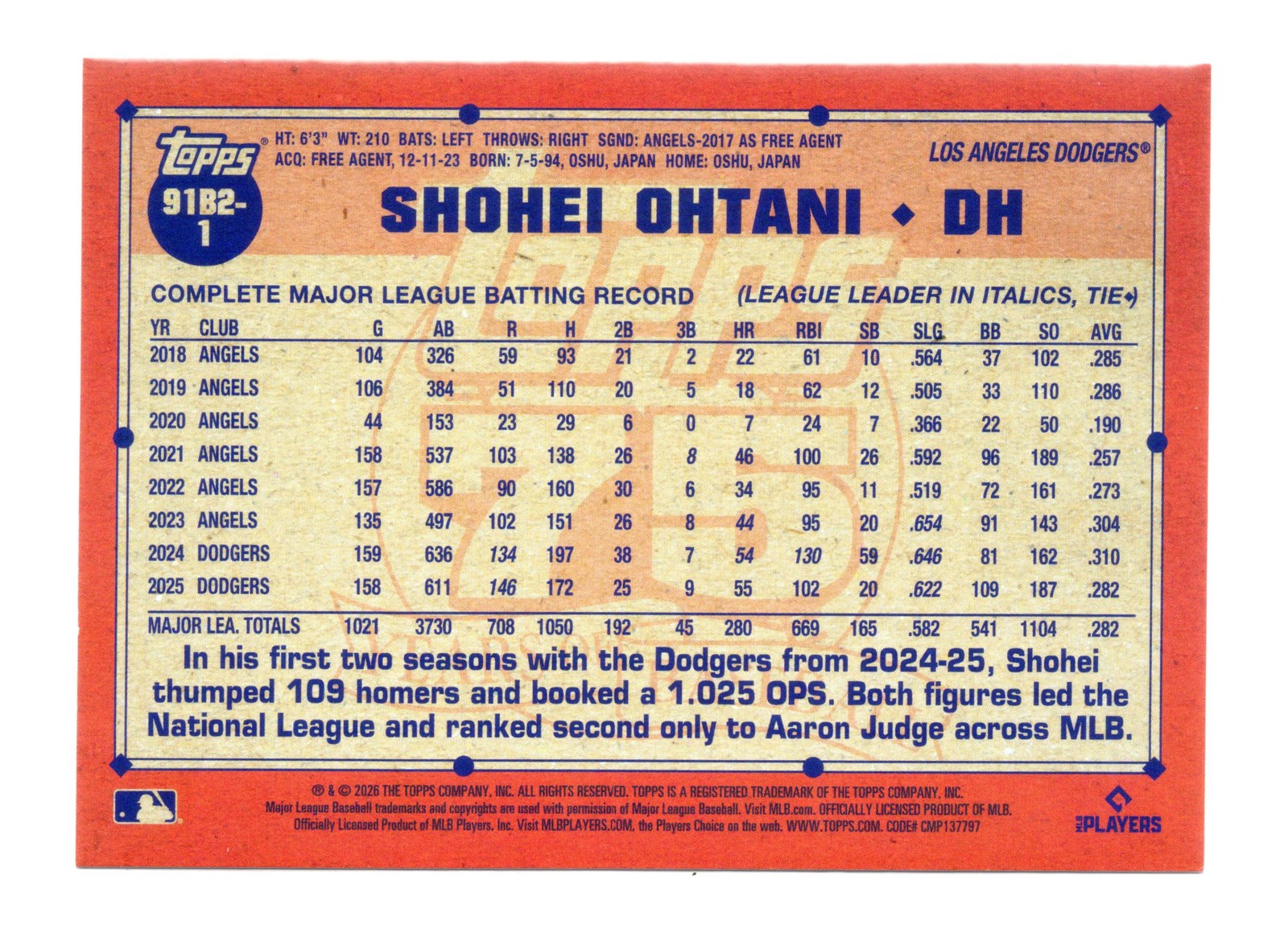 2026 Topps Series 2 #91B2-1 Shohei Ohtani 1991 Crackle Foil Insert Card Dodgers