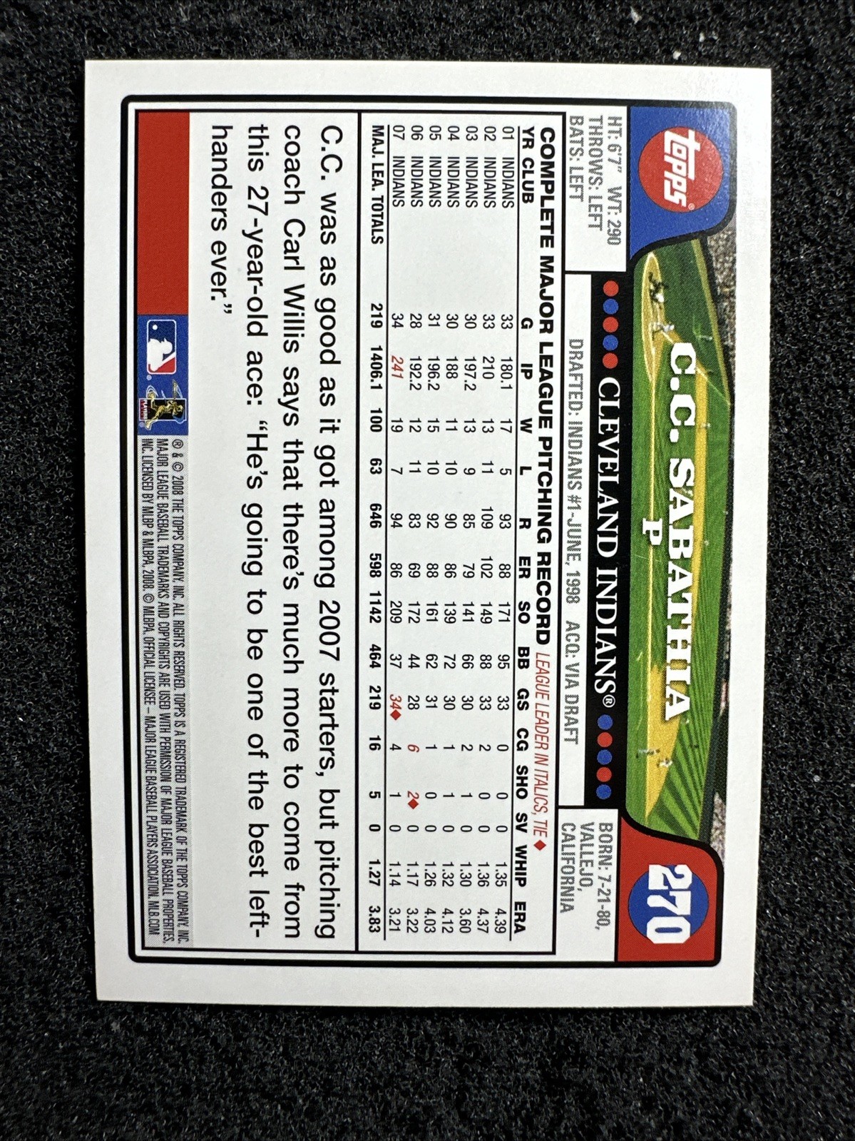 C.C. SABATHIA #270 2008 Topps Baseball QTY Cleveland Indians