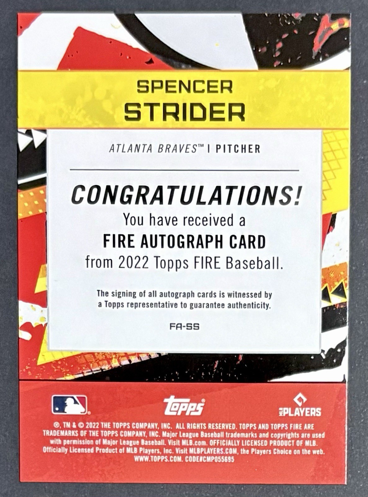 2022 Topps Fire Spencer Strider RC Rookie Fire Autographs SP Braves #FA-SS