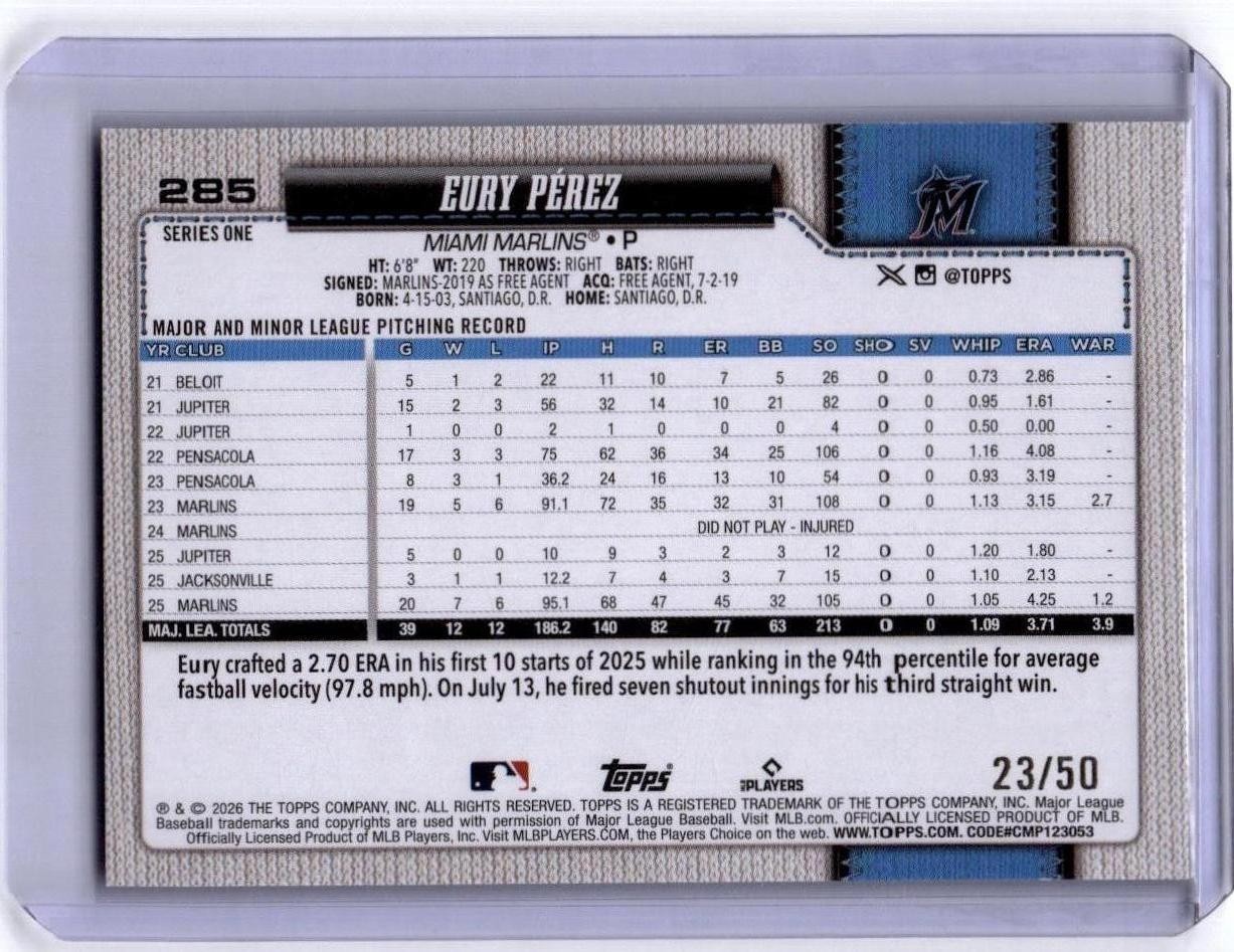 2026 Topps #285 Eury Pérez Gold Sandglitter #/50