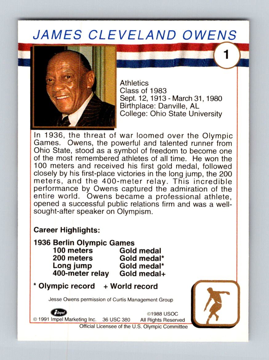 1991 Impel U.S. Olympic Hall of Fame Jesse Owens USA #1 USA Multisport