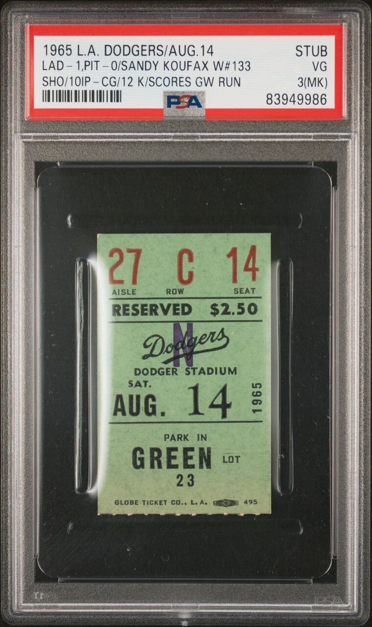 1965 SANDY KOUFAX WIN #133 CG/SHO/10INN/12K’s/GW RUN TICKET🎟️DODGERS POP1 PSA 3