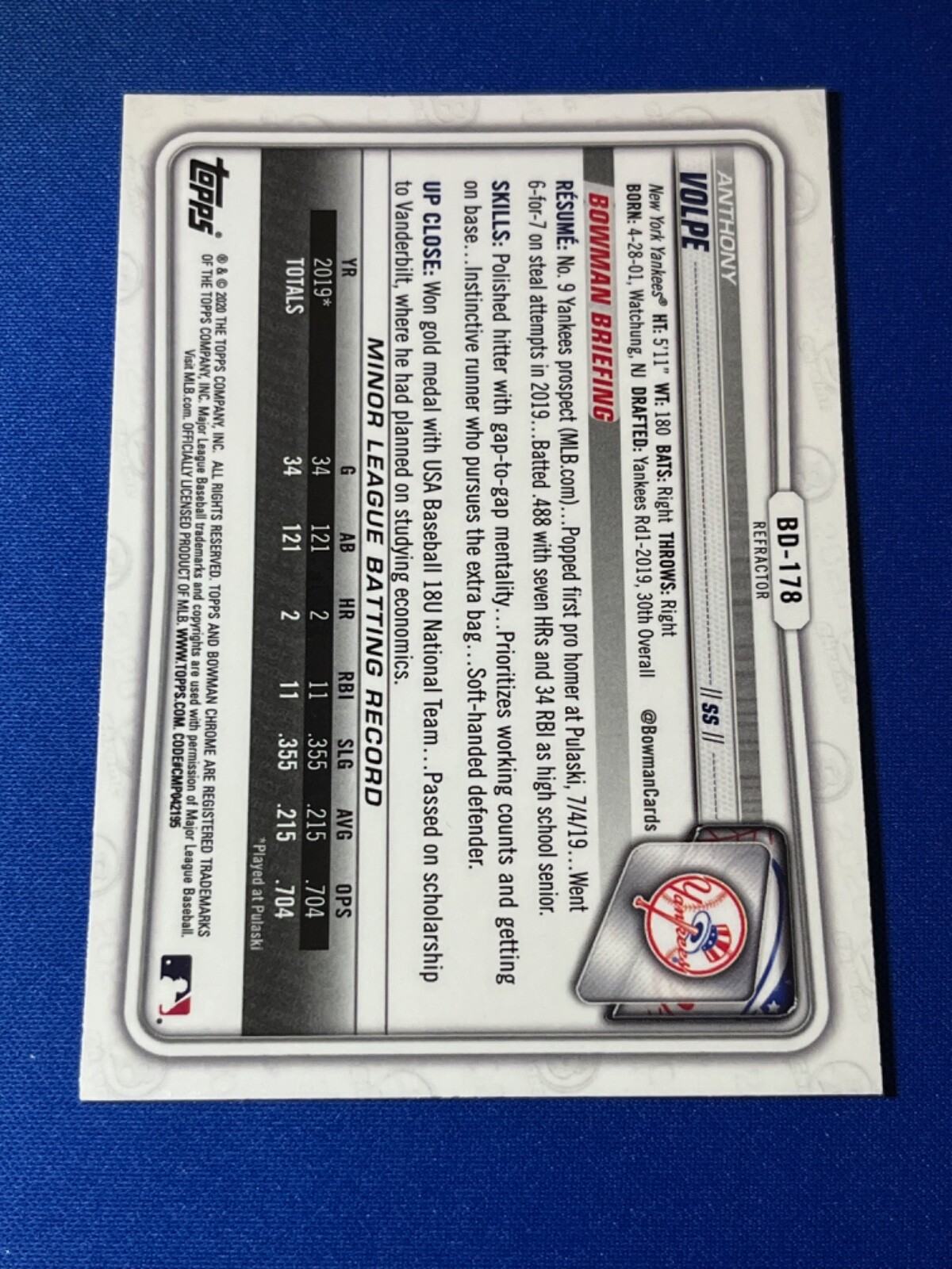 2020 Bowman Draft Chrome Anthony Volpe #BD-178 Refractor New York Yankees