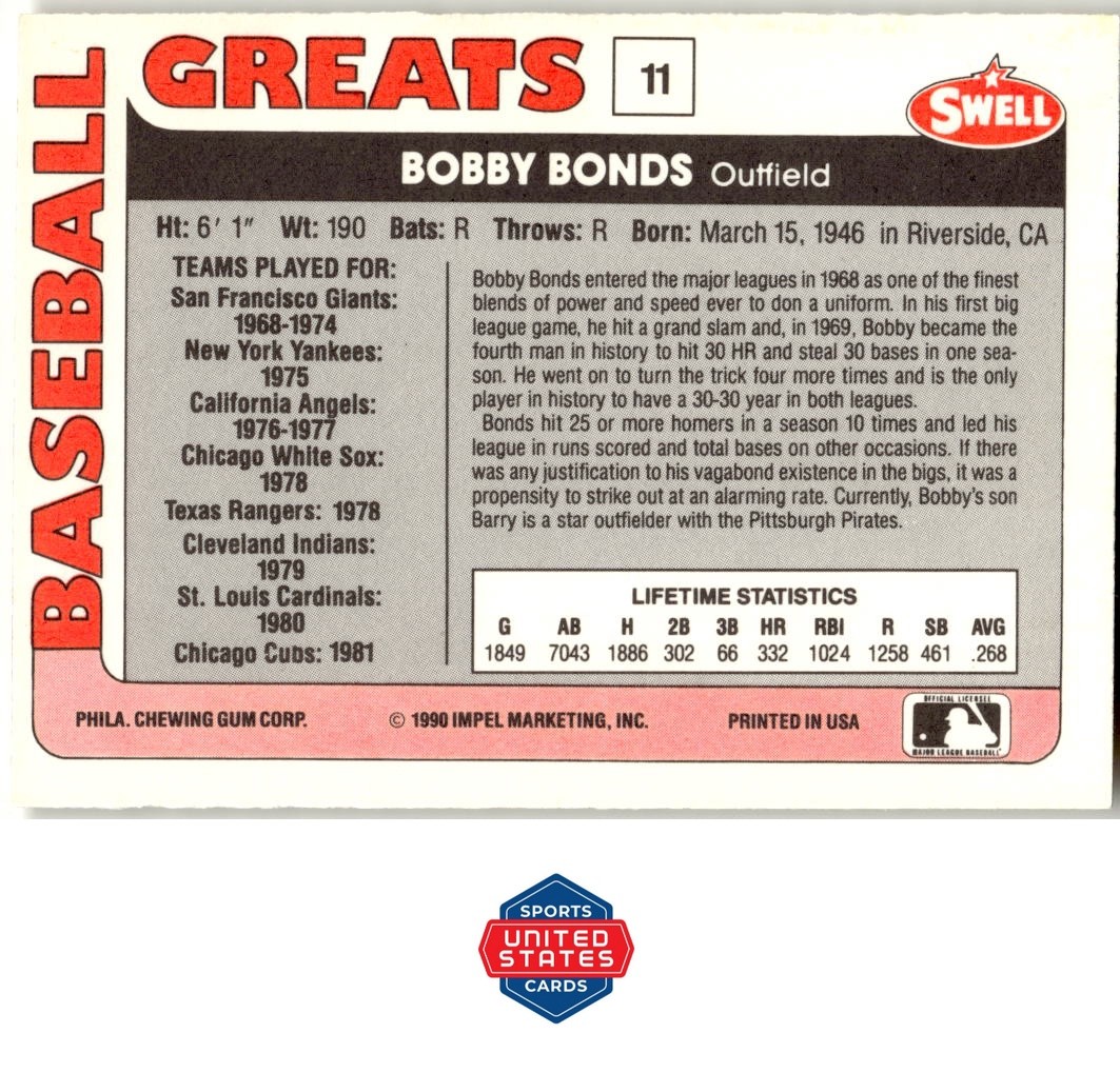 1991 Swell Baseball Greats #11 Bobby Bonds