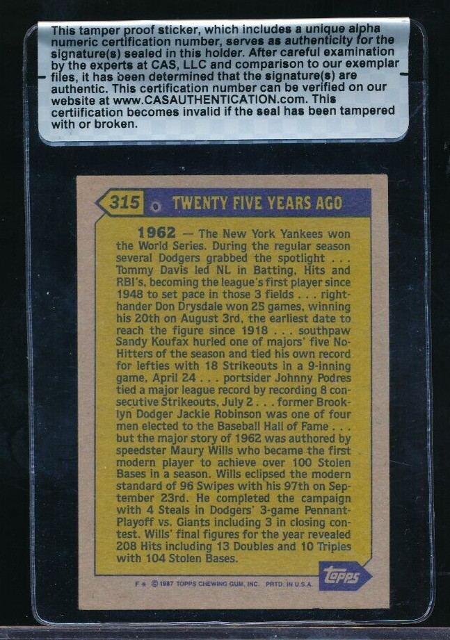 1987 Topps #315 Maury Wills signed auto autograph Turn Back Clock CAS authentic