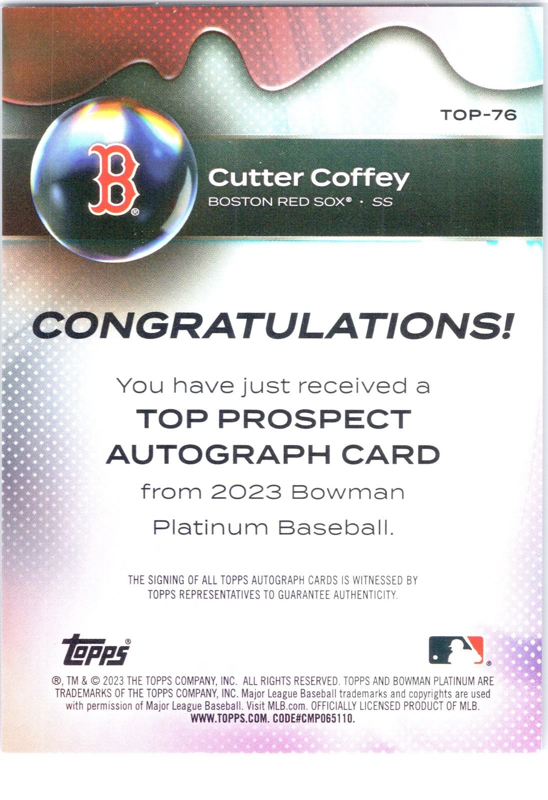 2023 Bowman Platinum #TOP-76 Cutter Coffey Top Prospect Autographs Orange #/25