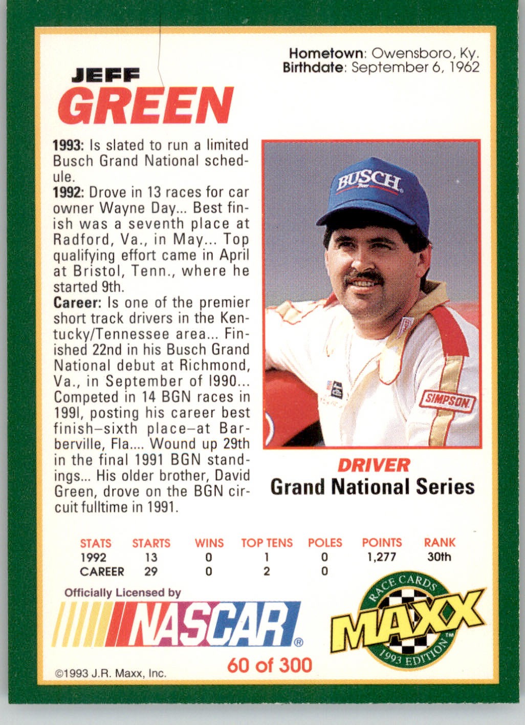 Jeff Green – 1993 Maxx – #60 – Racing