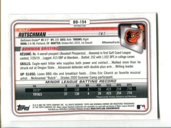 2020 Bowman Draft – Chrome – Refractor #BD-154 Adley Rutschman ⚾ Prospect