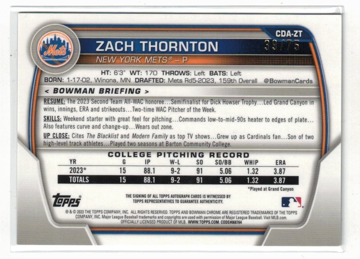 2023 1st Bowman Draft BLACK Refractor RC AUTO Zach Thornton Rookie Autograph /75