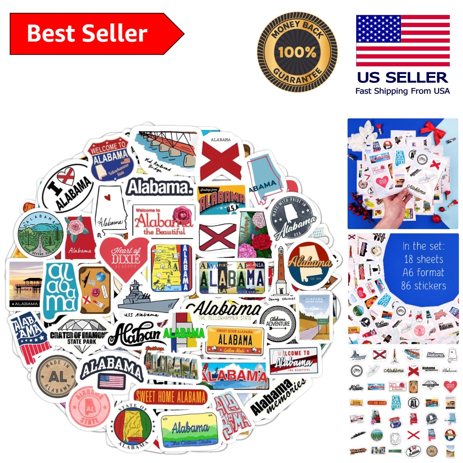 Set of Irregular Alabama Stickers – Waterproof & Durable for Outdoor Use