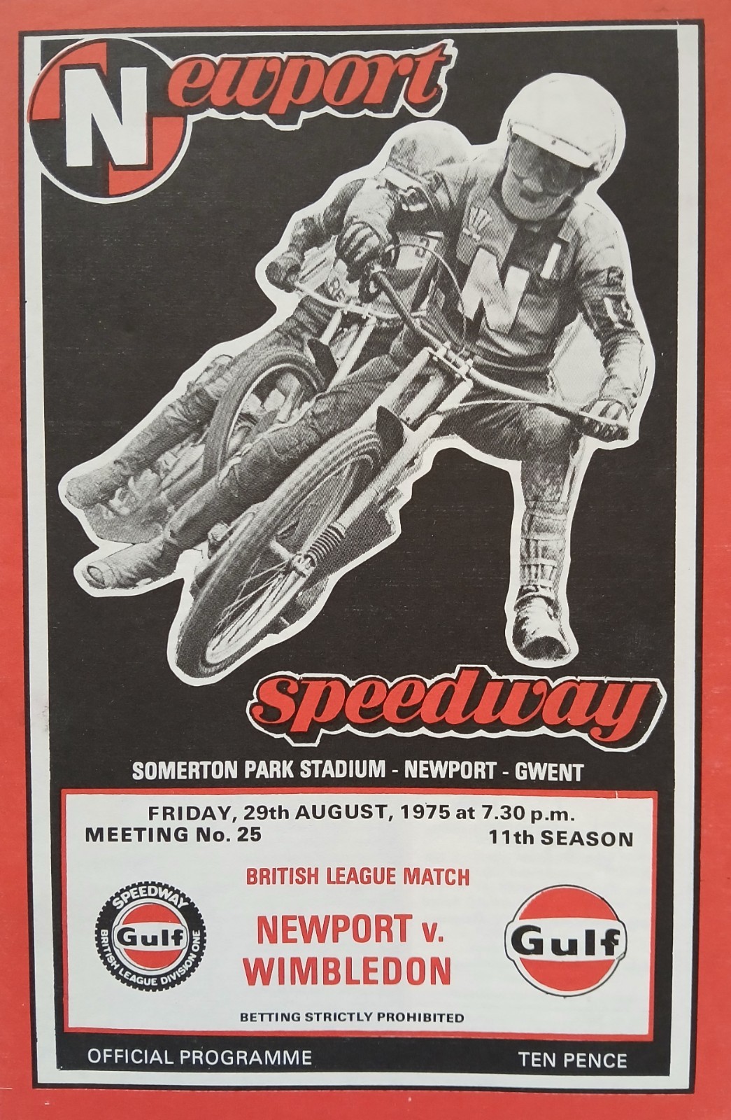 NEWPORT v WIMBLEDON SPEEDWAY PROGRAMME 29/8/1975 (VERY GOOD CONDITION)