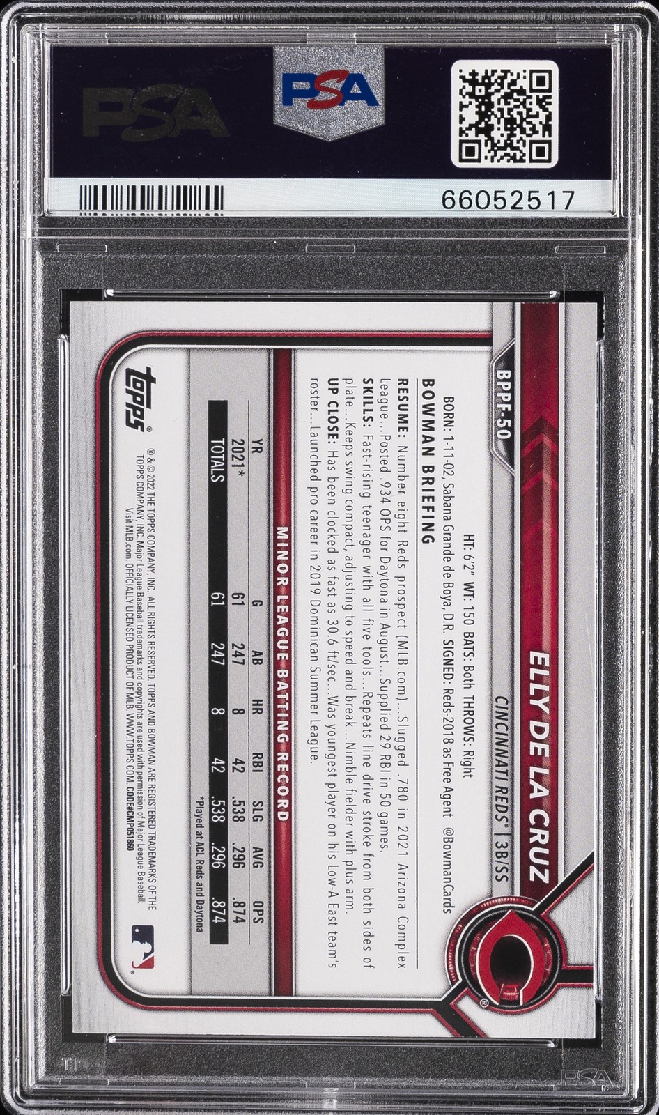 2022 BOWMAN 1ST ED BLUE FOIL #BPPF50 ELLY DE LA CRUZ 99/150 PSA 9