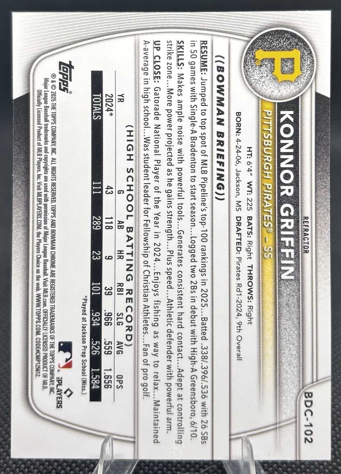 Konnor Griffin 2025 Bowman Draft Refractor Pittsburgh Pirates