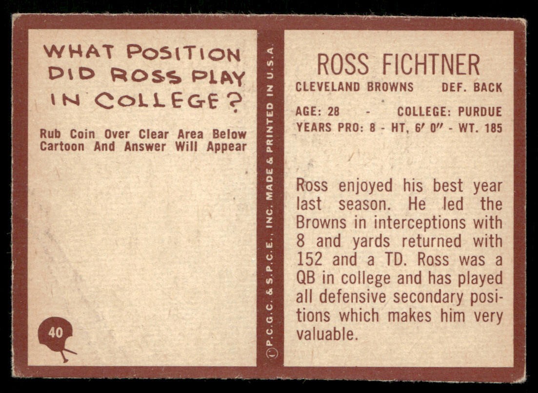 Ross Fichtner 1967 Philadelphia #40 Cleveland Browns Low Grade Creases
