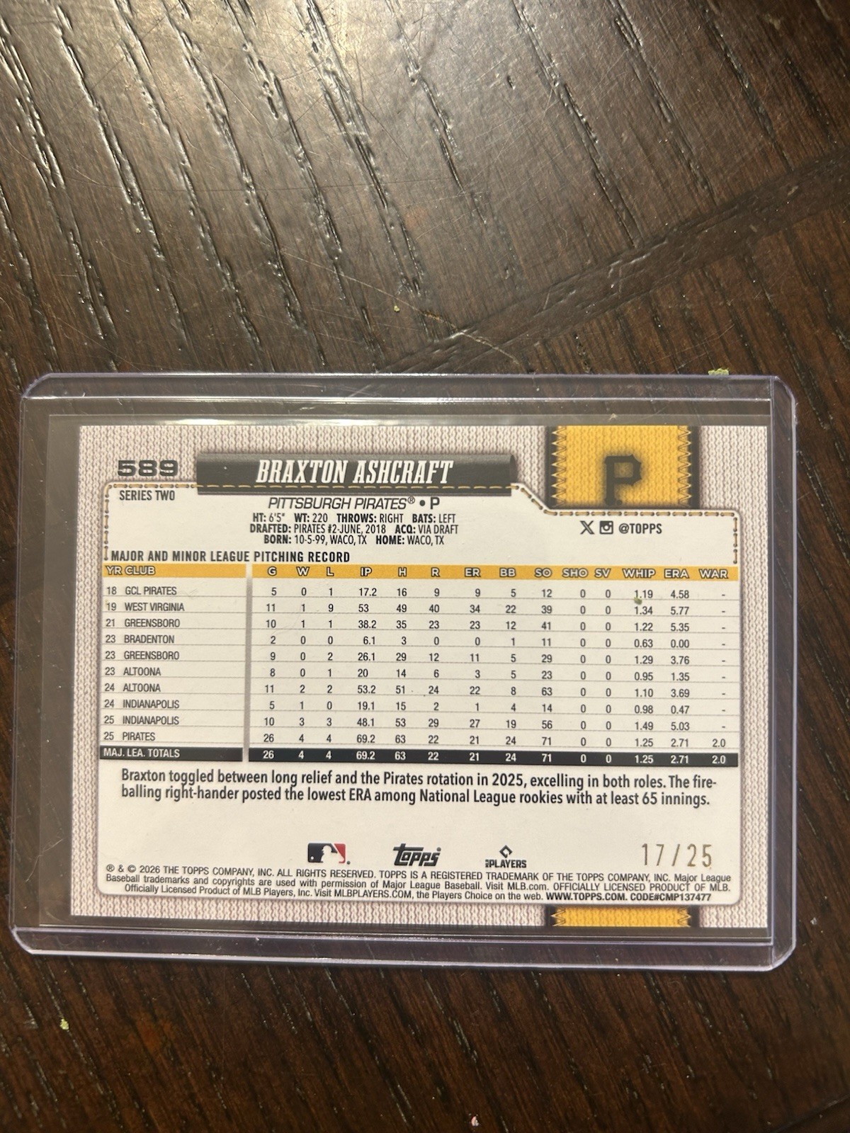 2026 Topps Series 2 Braxton Ashcraft #589 Diamante Orange Foil /25 Pirates SSP