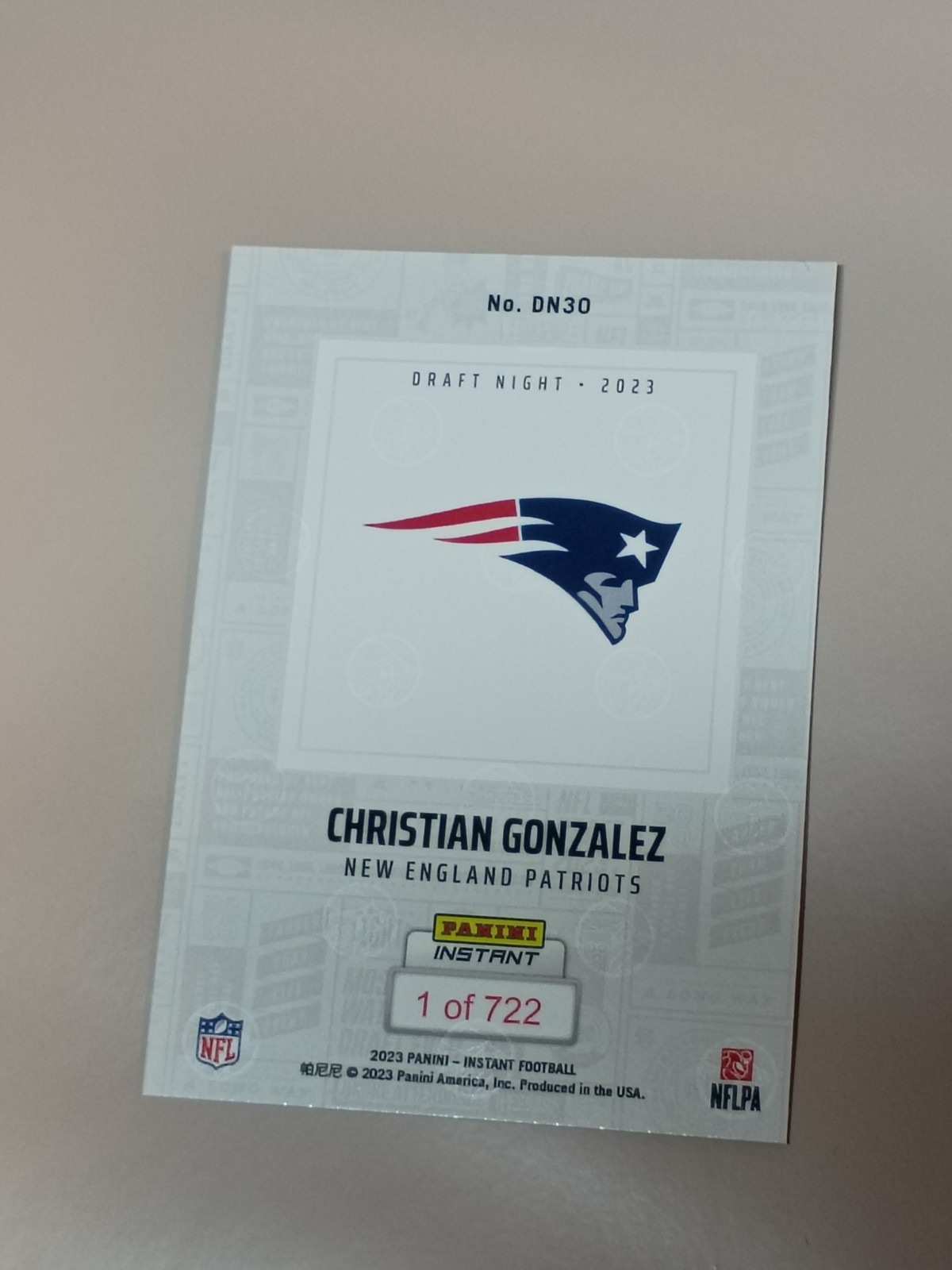 2023 Panini Instant #DN30 Christian Gonzalez Draft Night /722 RC Patriots