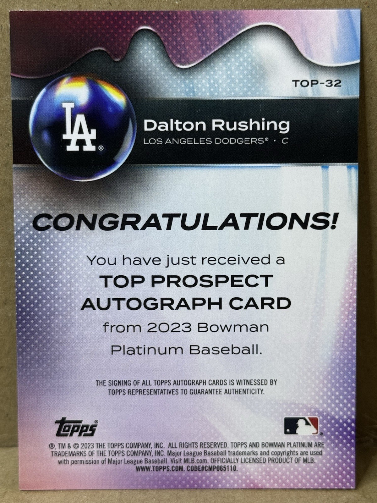 Dalton Rushing [Autograph] #TOP-32 2023 Bowman Platinum Top Prospects