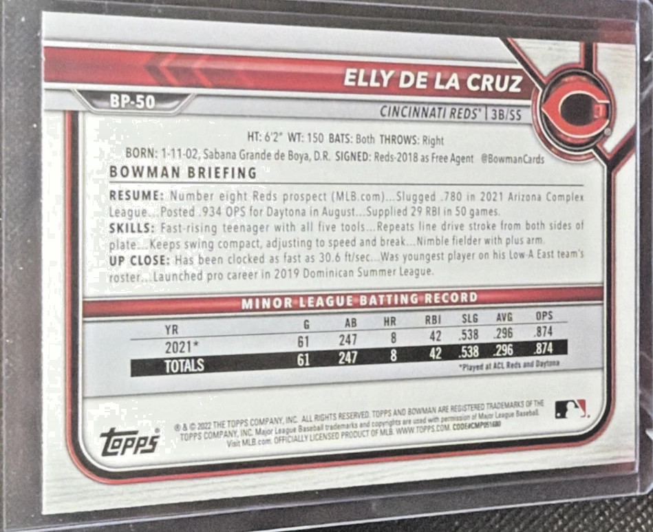 2022 Bowman Chrome 1st Elly De La Cruz Rookie Card #BCP-50 Clean Surface RC MINT
