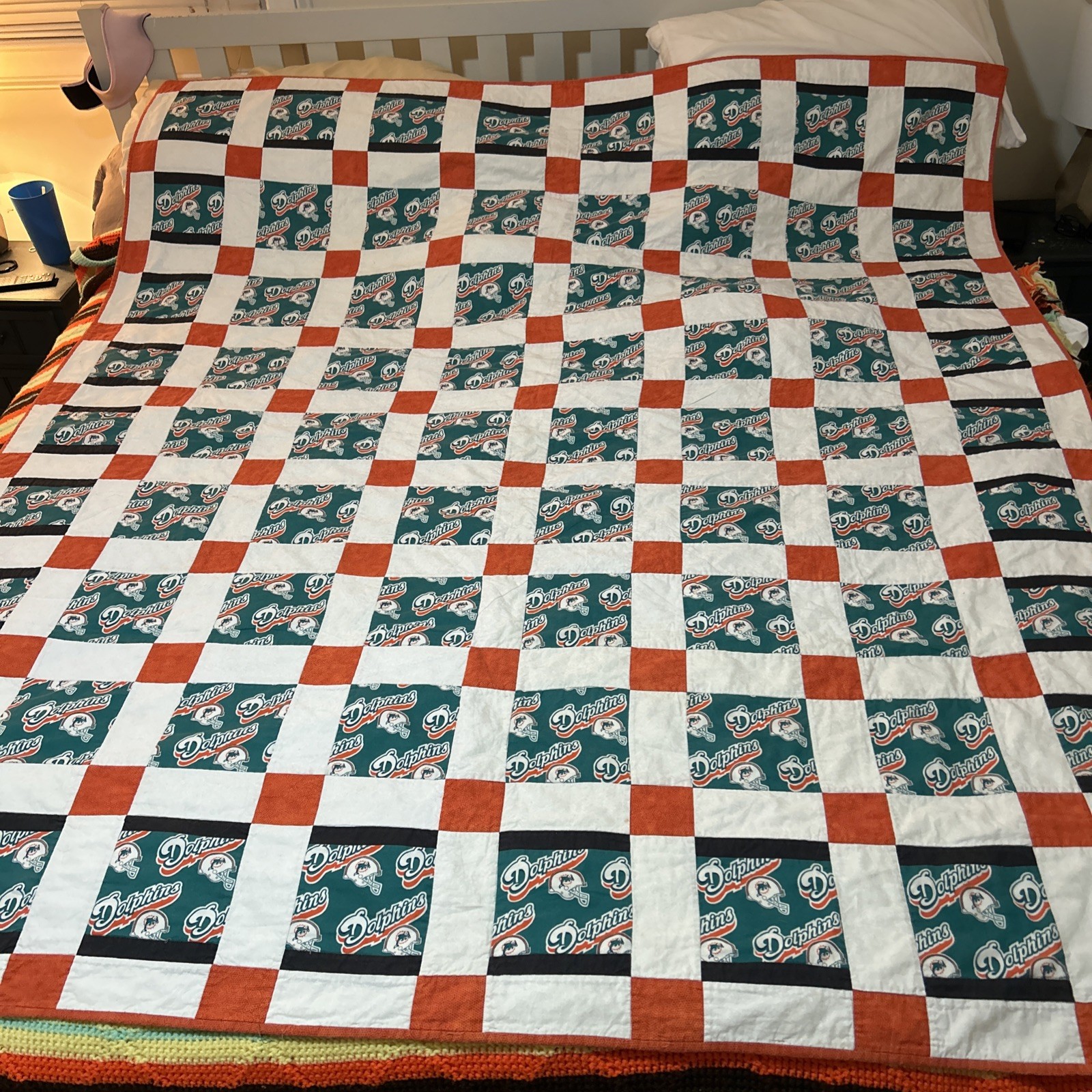 Miami Dolphins Custom Handmade Quilt Very Beautiful 6’x7’ Teal Orange