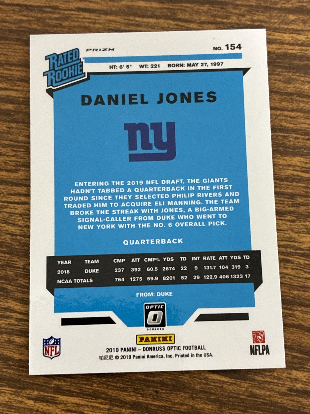 Daniel Jones 2019 Optic Rated Rookie Bronze Prizm RC #154