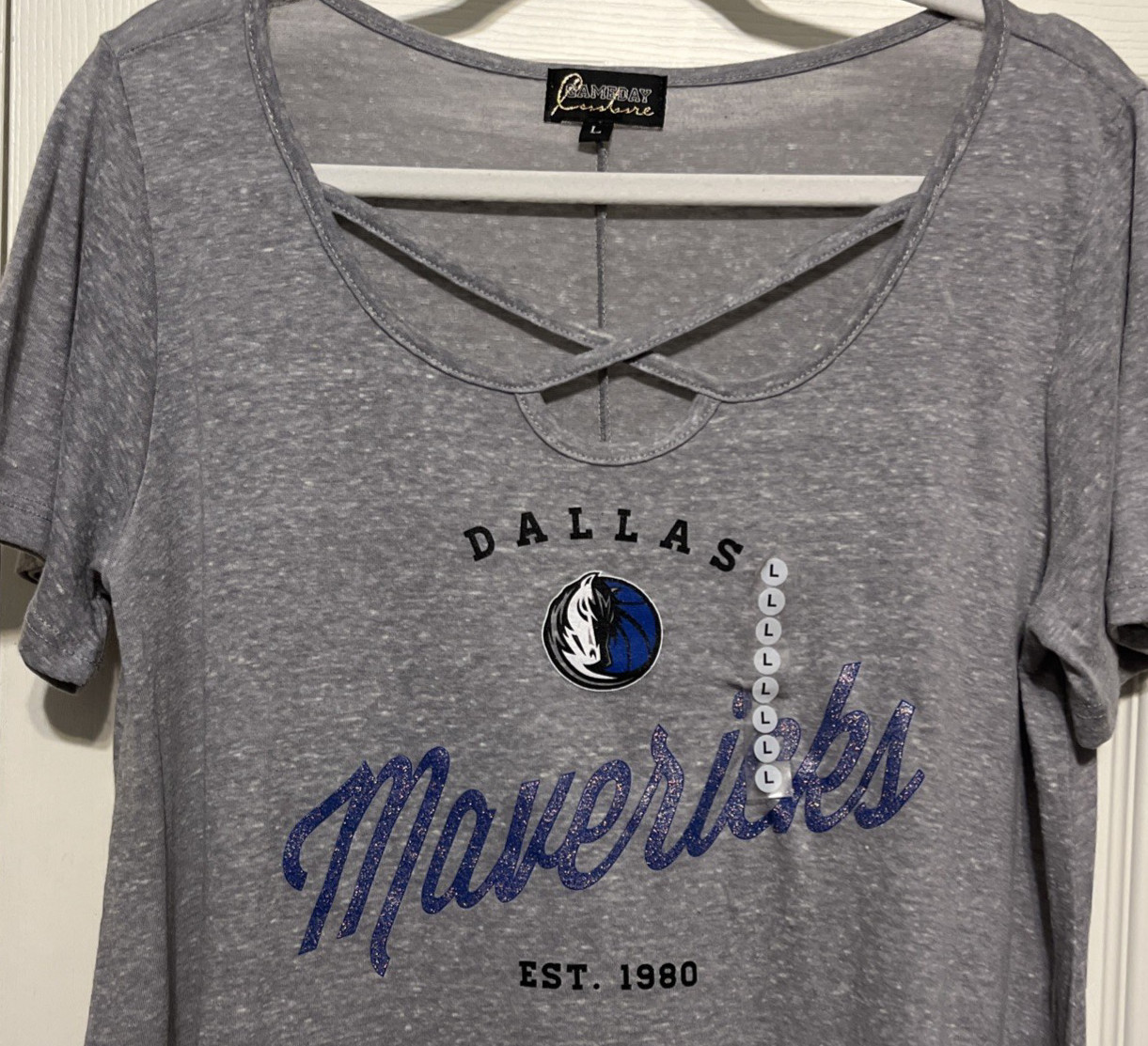 Gameday Couture Dallas Maverick Gray/Blue Slub Knit Caged Neck Top Size L NWOT