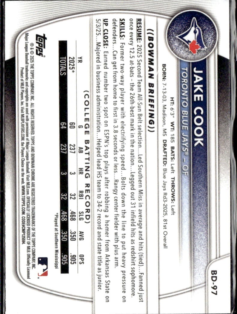 2025 Bowman Draft Paper 1st Jake Cook Blue Jays BD-97 5 card lot